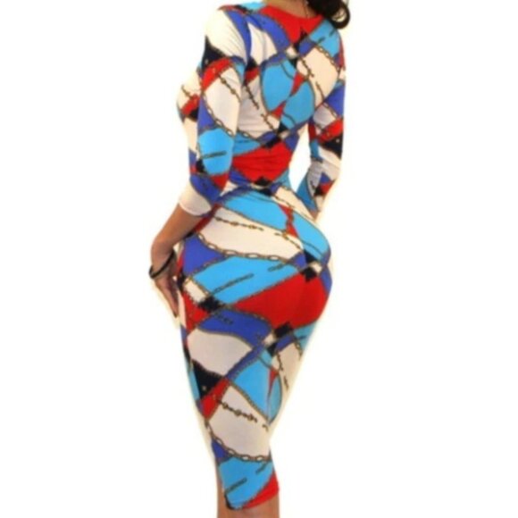 Got Style Winter Sky Blue Gold Red 3/4 Sleeve Bodycon Party Cocktail Dress - Picture 2 of 3